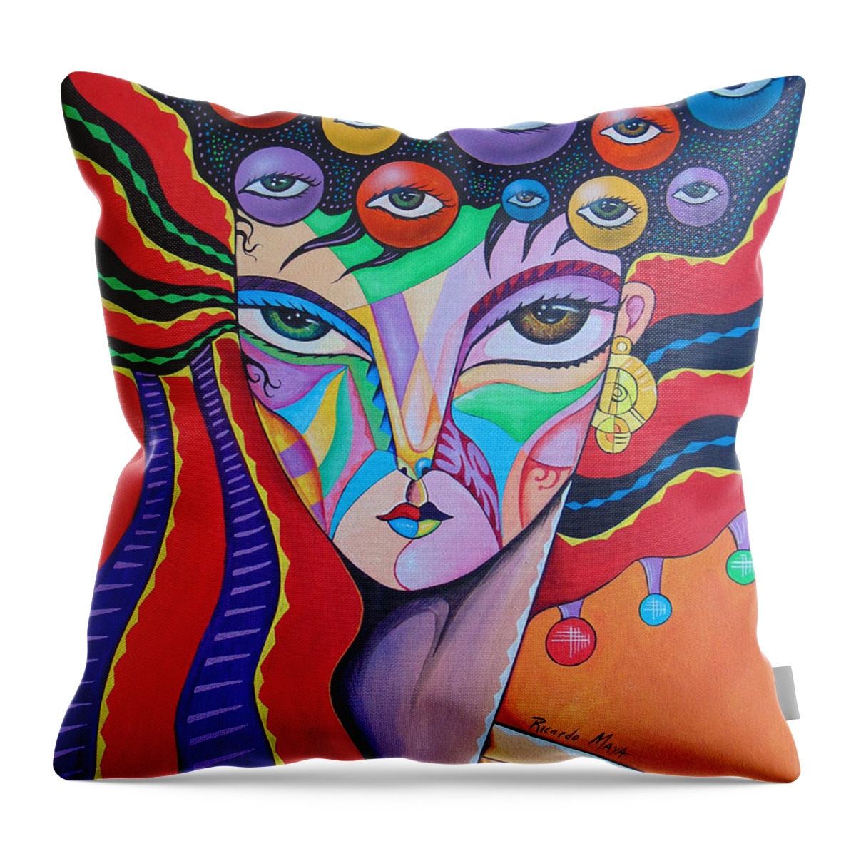 Cubism Woman Face Cubism Woman Art Deco Face Throw Pillow featuring the painting Lucia by Ricardo Maya