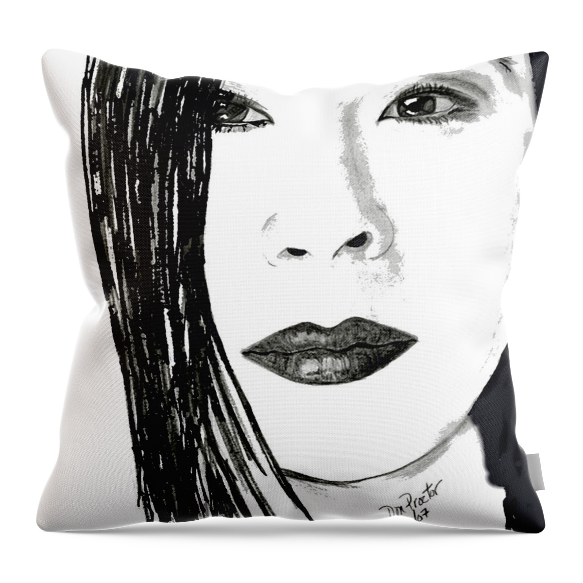 Lucy Liu Throw Pillow featuring the drawing Lucy Liu by Donna Proctor