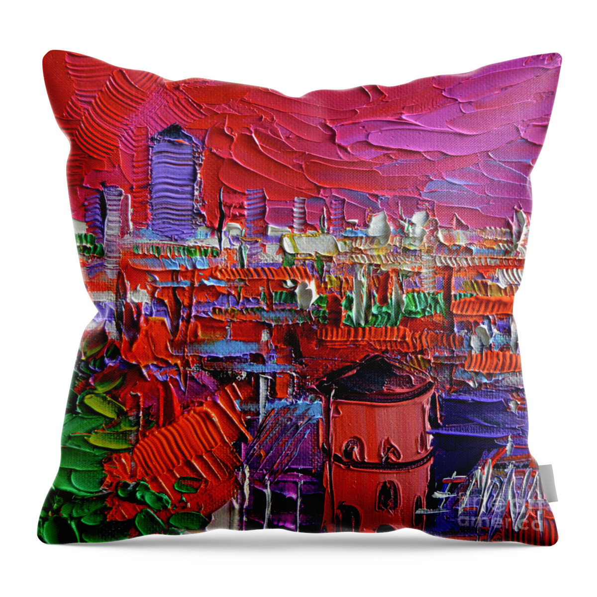 Lyon View In Pink Throw Pillow featuring the painting Lyon View In Pink by Mona Edulesco