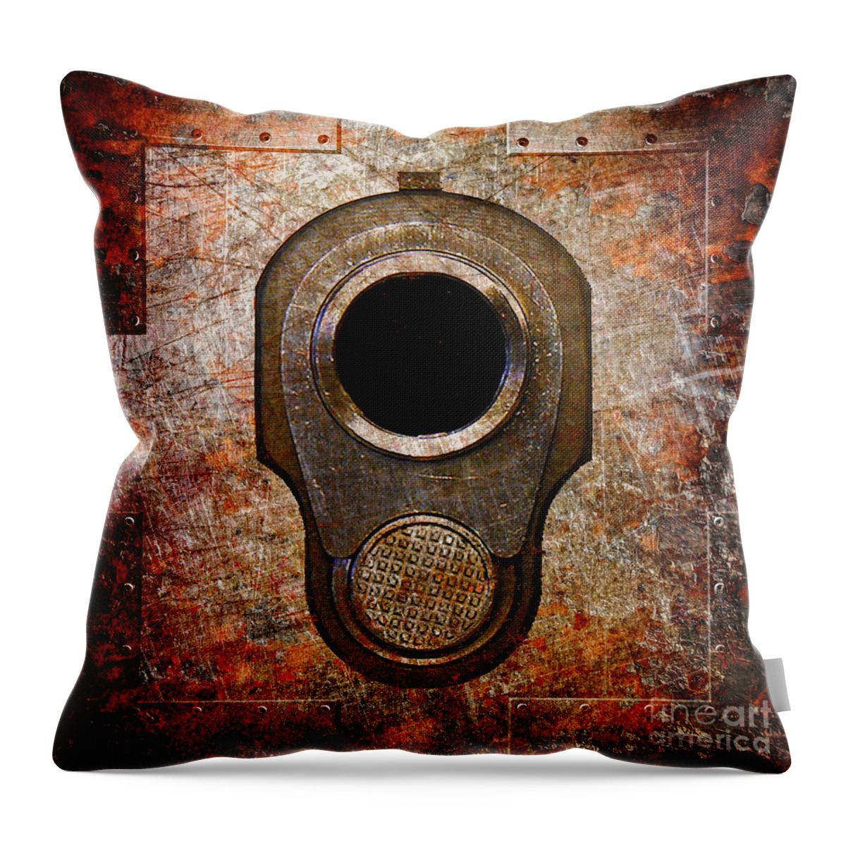 Colt Throw Pillow featuring the digital art M1911 Muzzle on Rusted Riveted Metal by Fred Ber