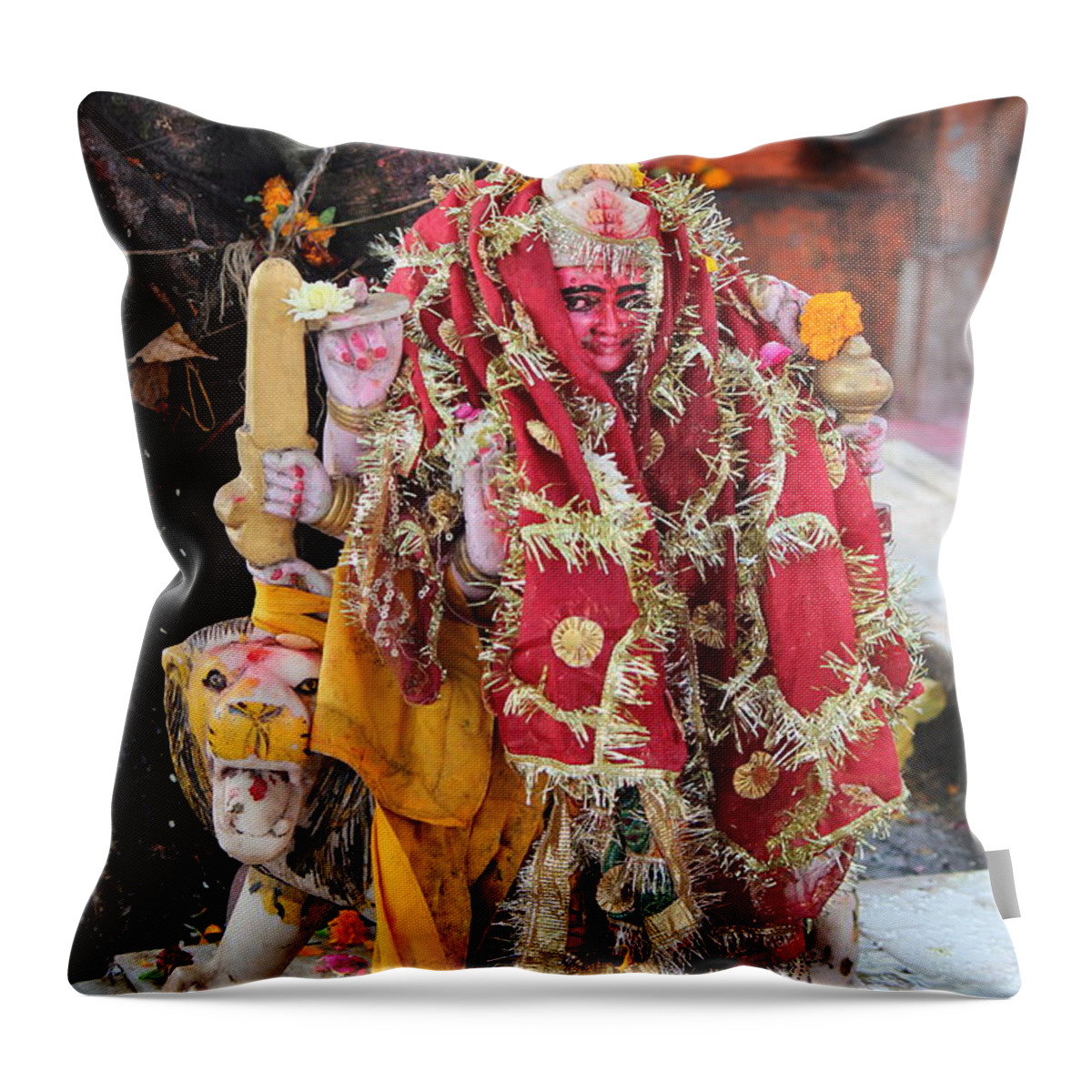 Haridwar Throw Pillow featuring the photograph Ma Durga, Haridwar by Jennifer Mazzucco