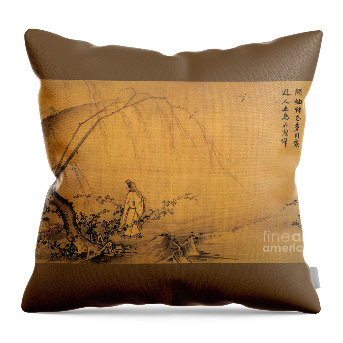 Ma Yuan Walking On Path In Spring. Yellow Looking In Sun Lighting Throw Pillow featuring the painting Ma Yuan Walking on Path in Spring by MotionAge Designs