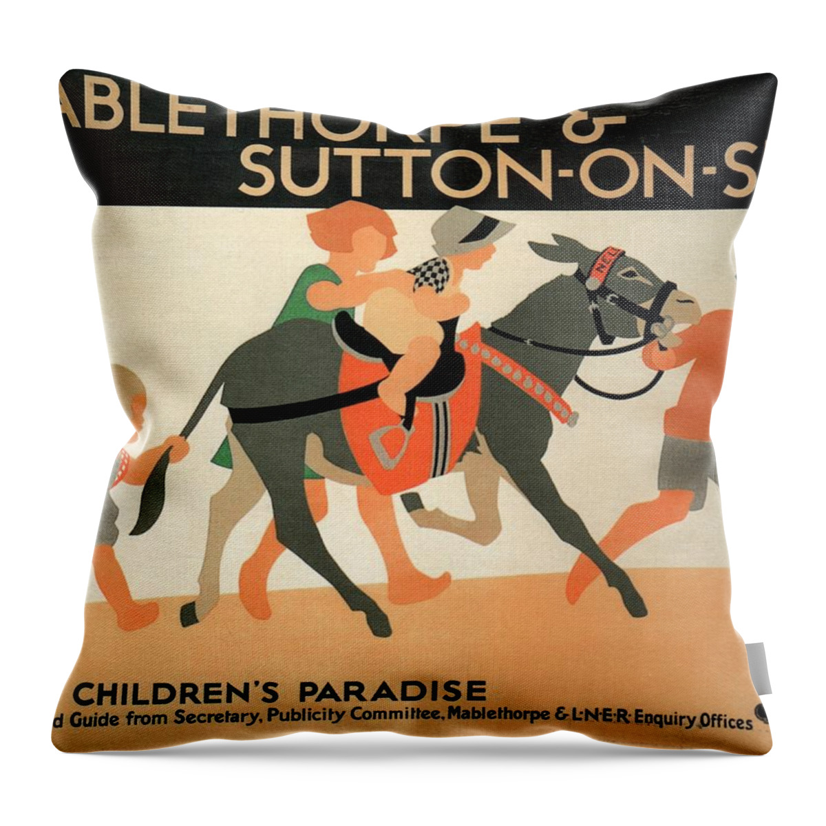 Mablethorpe Throw Pillow featuring the painting Mablethorpe and Sutton-on-sea - Children's Paradise - Vintage Poster by Studio Grafiikka