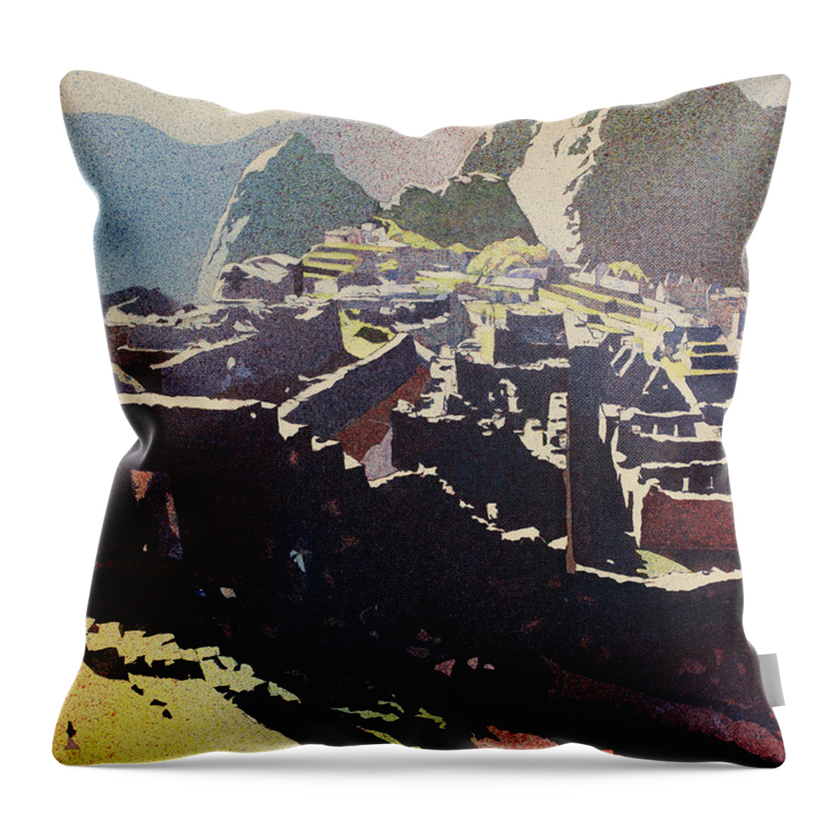 Machu Picchu Throw Pillow featuring the painting Machu Picchu Morning by Ryan Fox