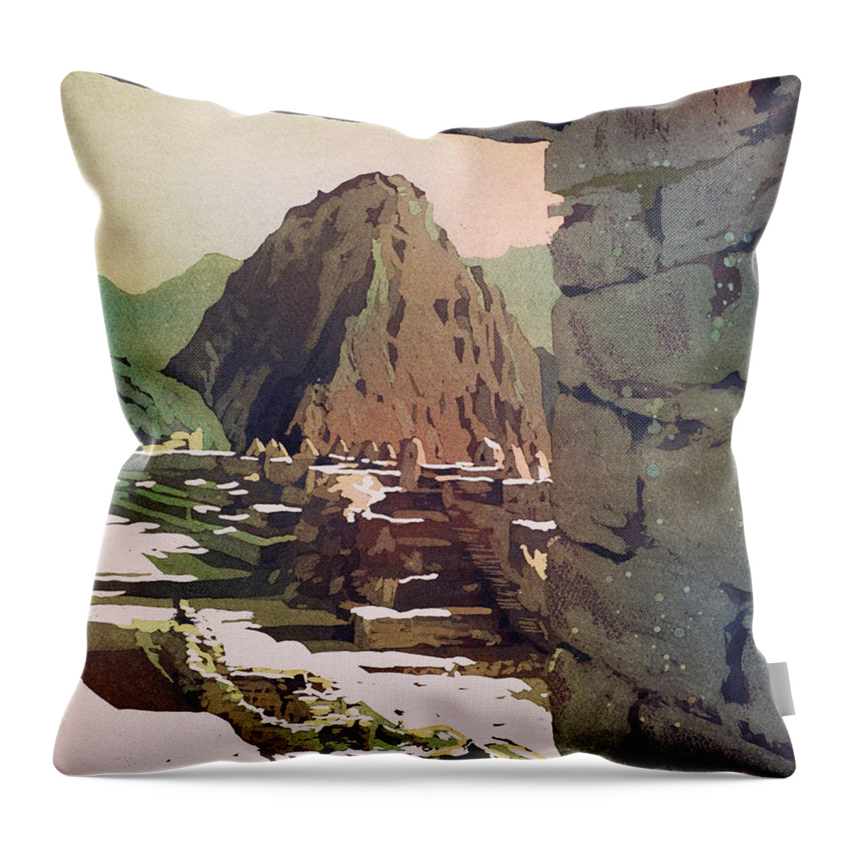 Ancient Throw Pillow featuring the painting Machu Picchu Vista- Peru by Ryan Fox