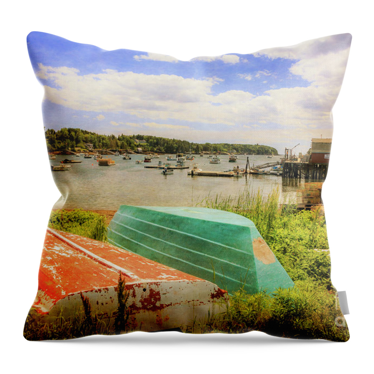 Elizabeth Dow Throw Pillow featuring the photograph Mackerel Cove Dory and Dinghy  by Elizabeth Dow