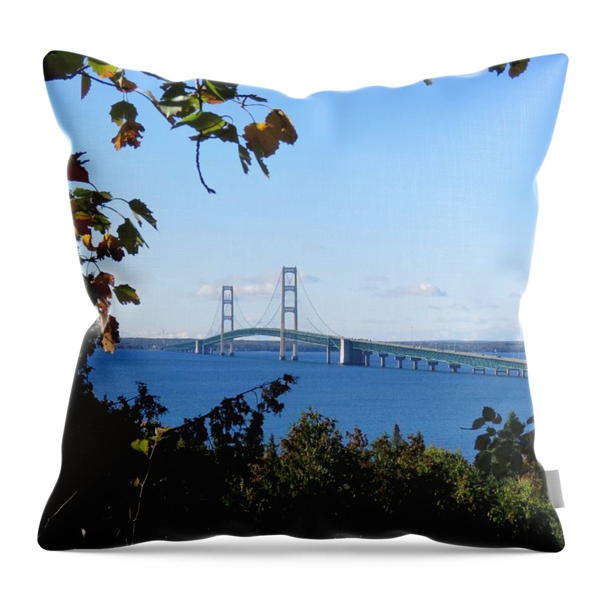 Mackinac Bridge Throw Pillow featuring the photograph Mackinac Bridge in early Fall by Keith Stokes