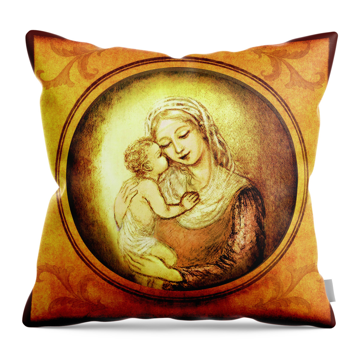 Madonna And Child Throw Pillow featuring the mixed media Madonna with the Kissing Child - in golden frame by Ananda Vdovic