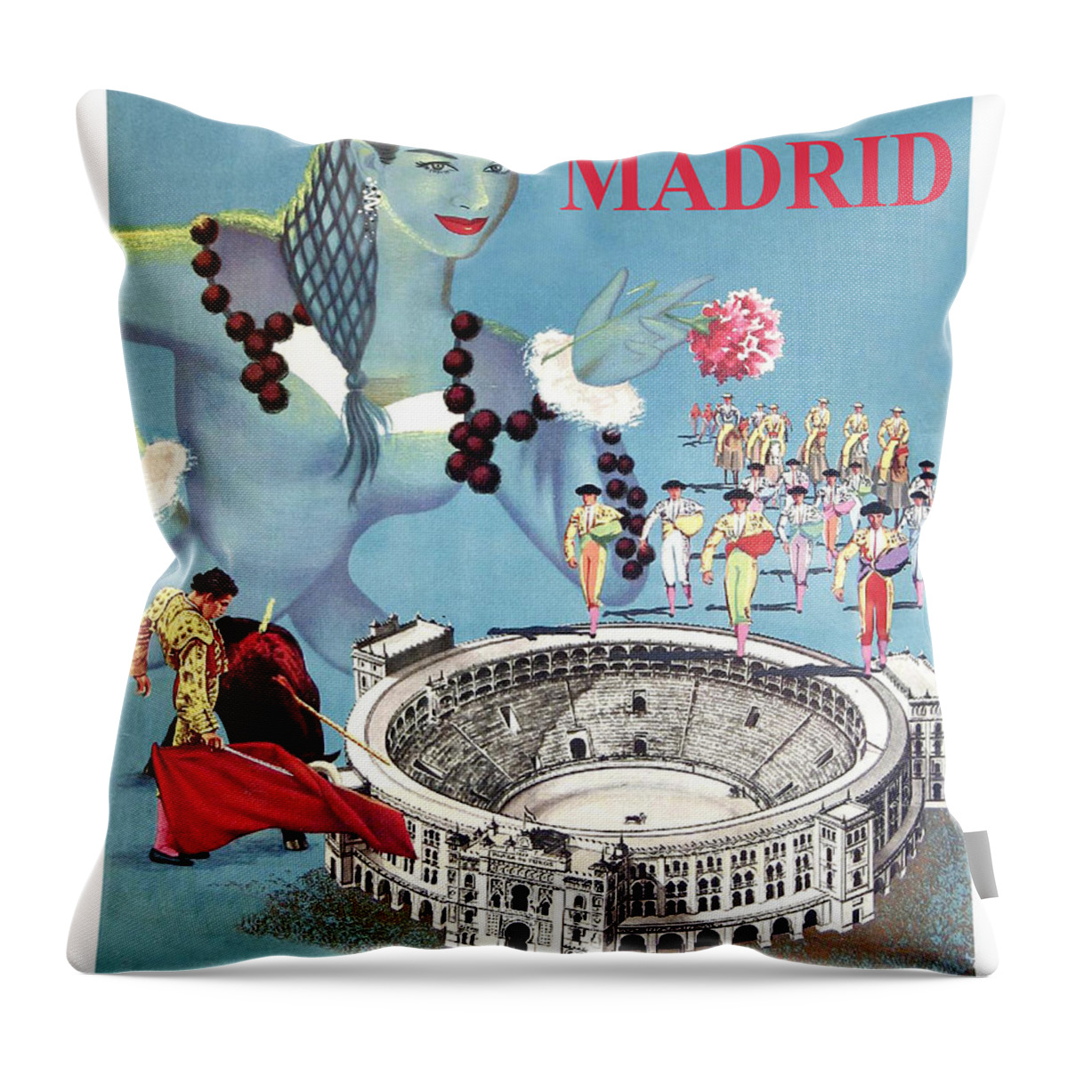 Madrid Throw Pillow featuring the painting Madrid, Arena, dancing girl with flower, travel poster by Long Shot