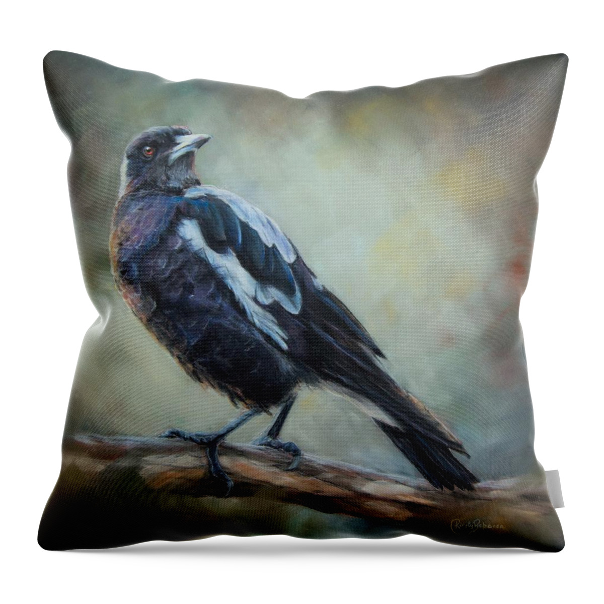 Magpie Throw Pillow featuring the pastel Maggie by Kirsty Rebecca