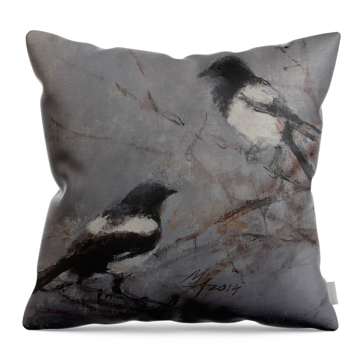 Magpie Throw Pillow featuring the painting Magpies by Attila Meszlenyi
