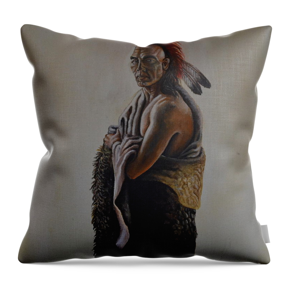  A Painting Of A Huron Warrior Called Magua. He Is Wearing His Warrior Headress Throw Pillow featuring the painting Magua by Martin Schmidt
