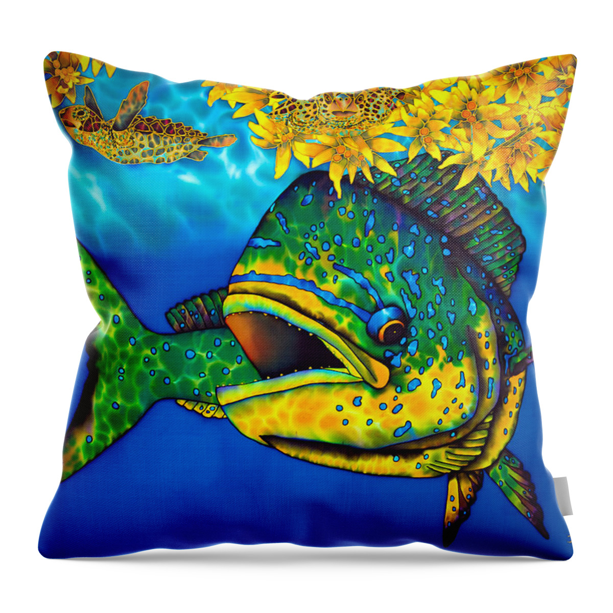 Sea Turtle Throw Pillow featuring the painting Mahi Mahi Fish - Dorado Fish by Daniel Jean-Baptiste