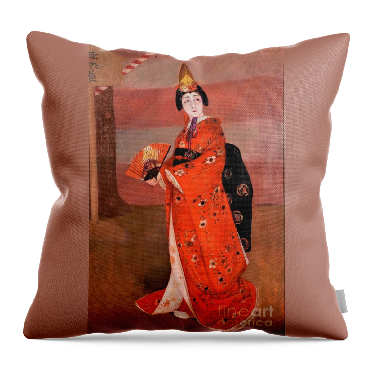 Uspd: Reproduction Throw Pillow featuring the painting Maiden at Dojoji by Thea Recuerdo