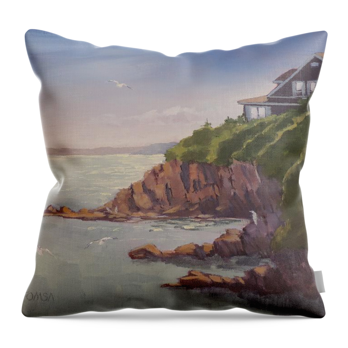 Maine Coast Abode Throw Pillow featuring the painting Maine Coast Abode  by Bill Tomsa