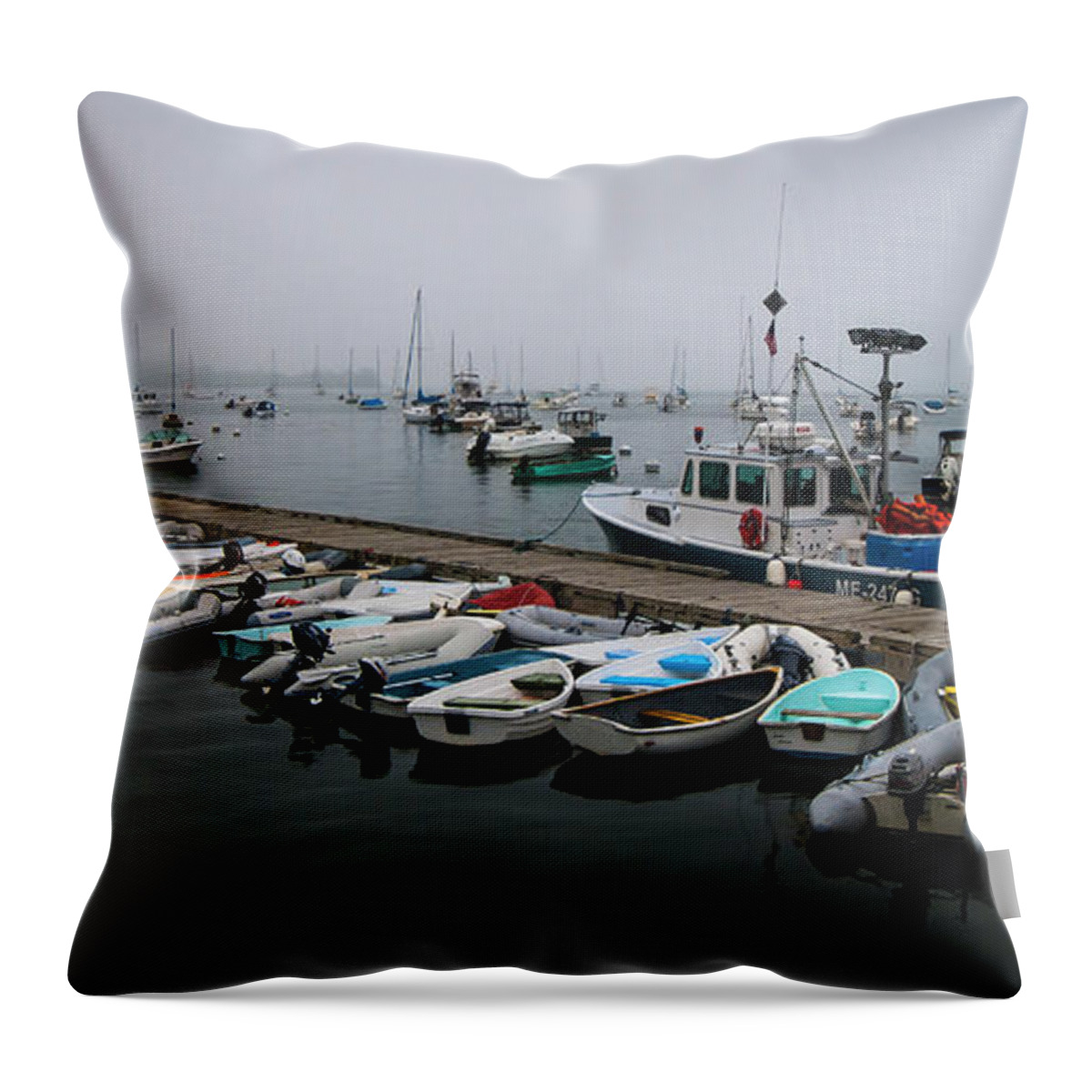 Maine Throw Pillow featuring the photograph Maine Falmouth Boat Landing on Misty Morning Panorama by Ranjay Mitra