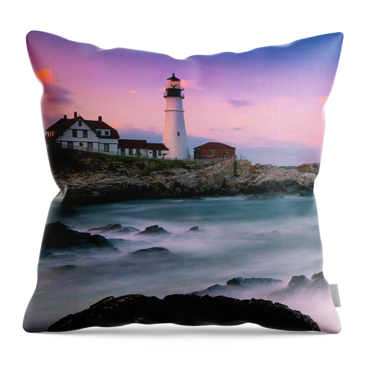 Maine Throw Pillow featuring the photograph Maine Portland Headlight Lighthouse at Sunset Panorama by Ranjay Mitra
