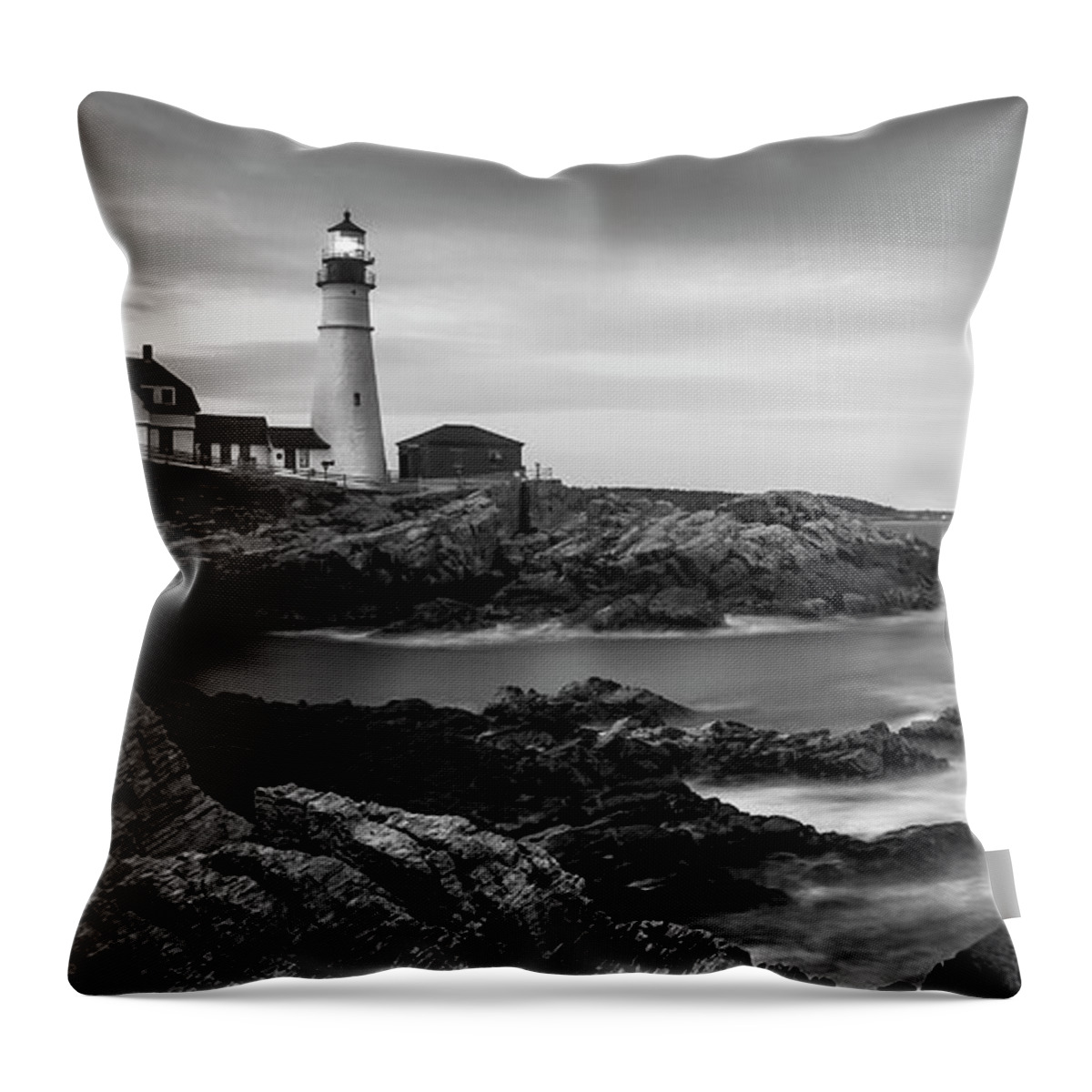 Maine Throw Pillow featuring the photograph Maine Portland Headlight Ram Island Light BW Panorama by Ranjay Mitra