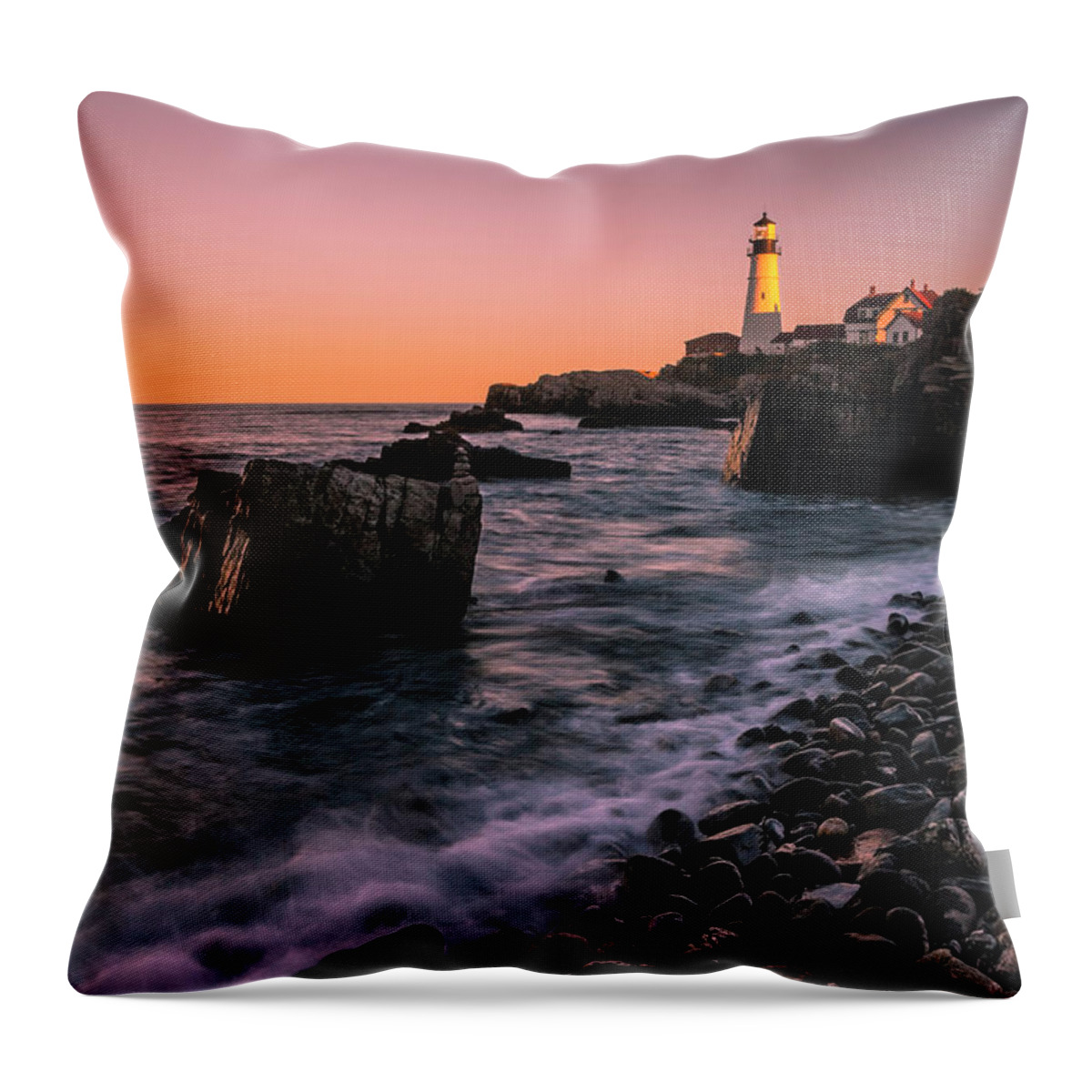 Maine Throw Pillow featuring the photograph Maine Portland Headlight Sunset by Ranjay Mitra