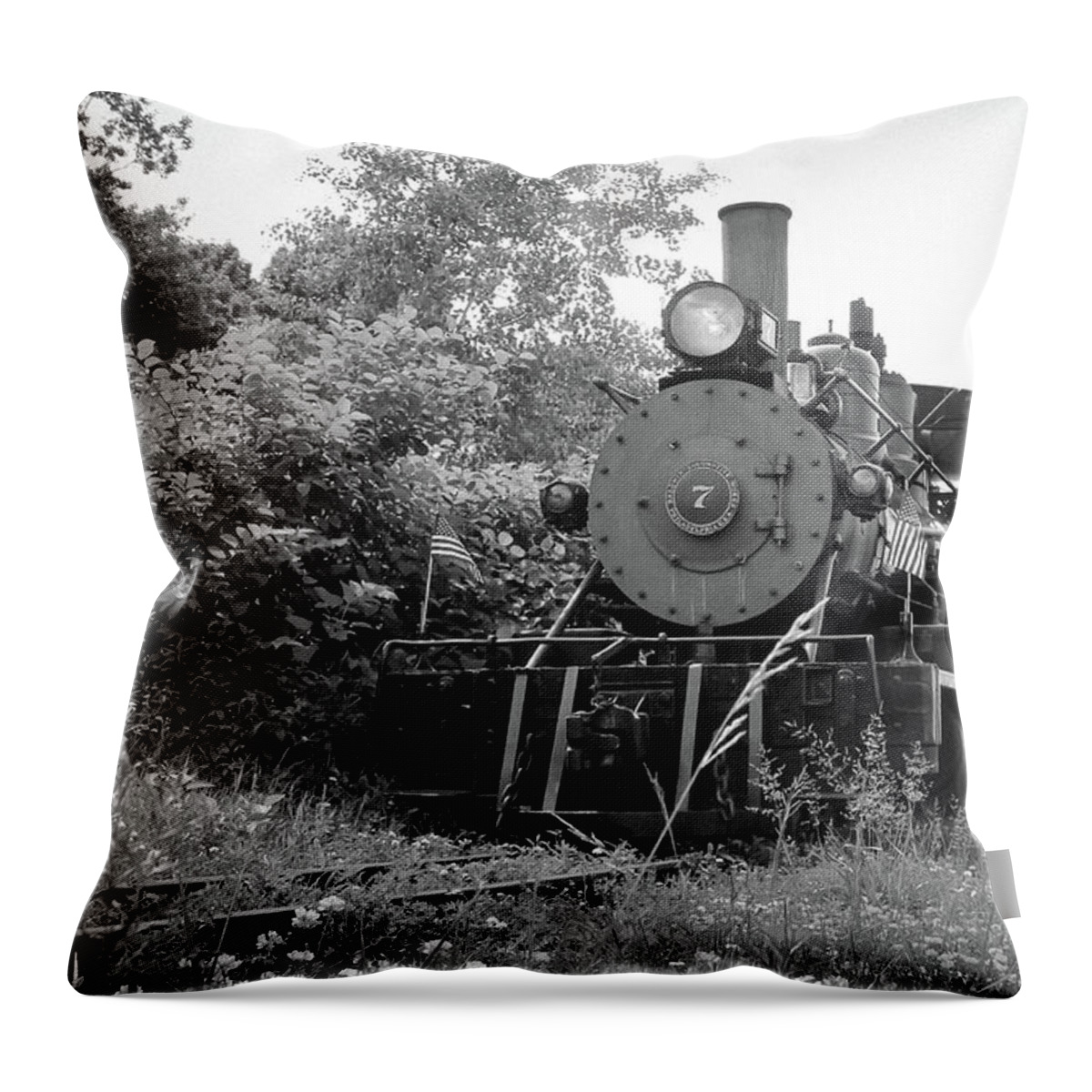 Maine Throw Pillow featuring the photograph Maine's narrow gauge railway BW by Debra Forand