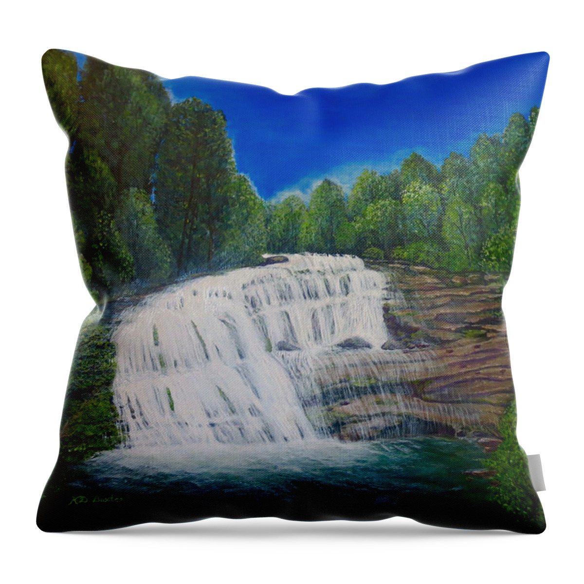 Bald River Falls Full Cascading Waterfall Blue Skies Overhead And Lined With Deciduous And Evergreen Trees On Either Side Clear Blue Green Water With White Water Pooling At Bottom Sunlight On River Rock Balance Of Cool And Warm Tones Waterfall Nature Scenes Acrylic Waterfall Painting Throw Pillow featuring the painting Majestic Bald River Falls of Appalachia II by Kimberlee Baxter