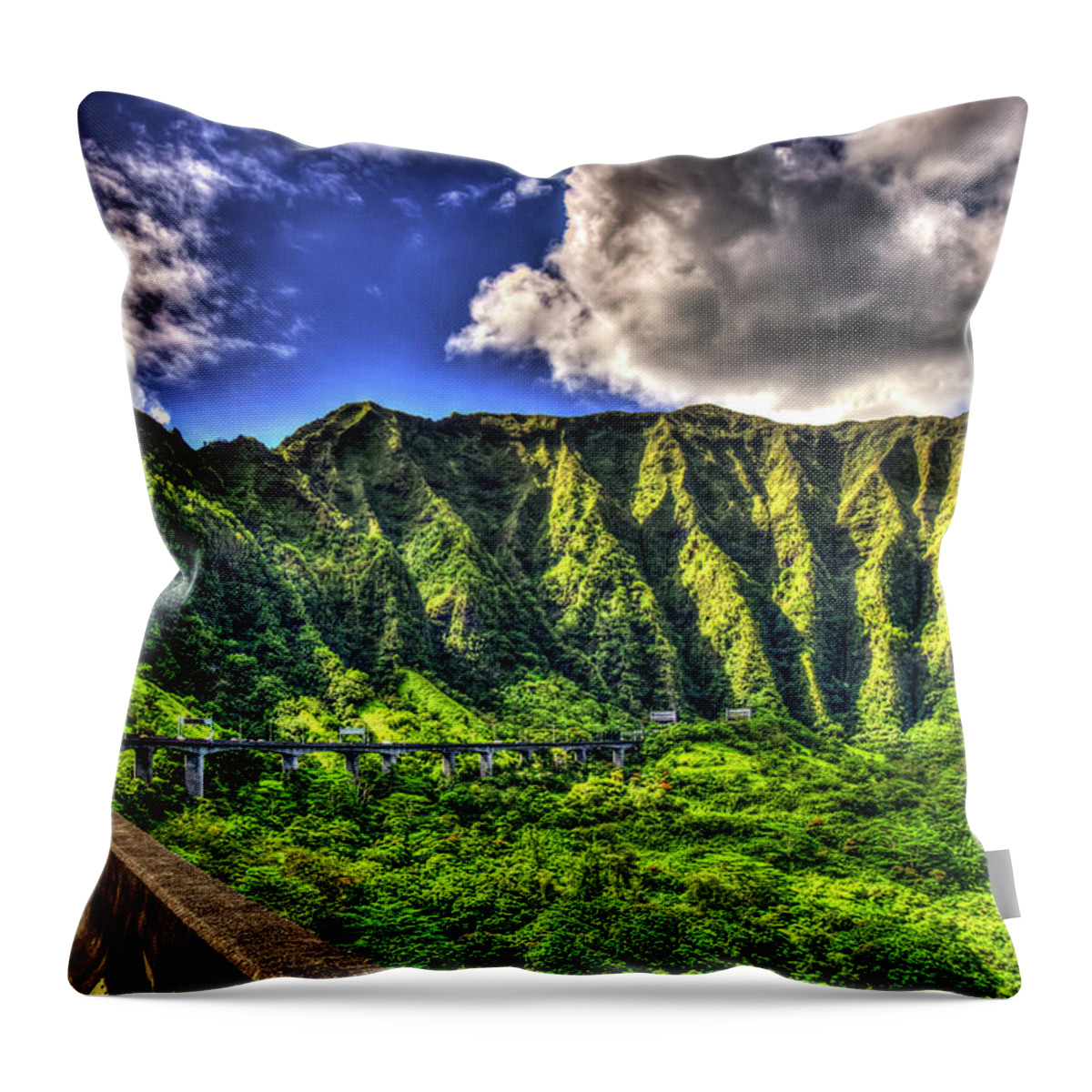 Reid Callaway Majestic Heights Images Throw Pillow featuring the photograph Majestic Heights Tetsuo Harano Tunnels Ko'oalu Mountain Range Landscape Art by Reid Callaway