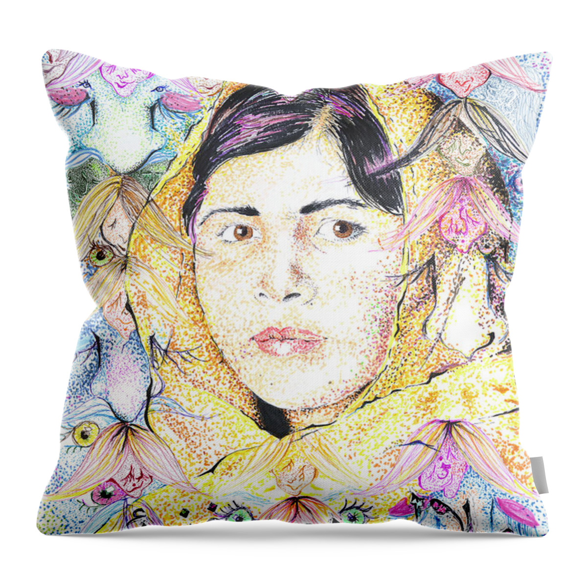 Malala Throw Pillow featuring the drawing Malala-Don't Ignore Us-Sombra de Arreguin by Doug Johnson