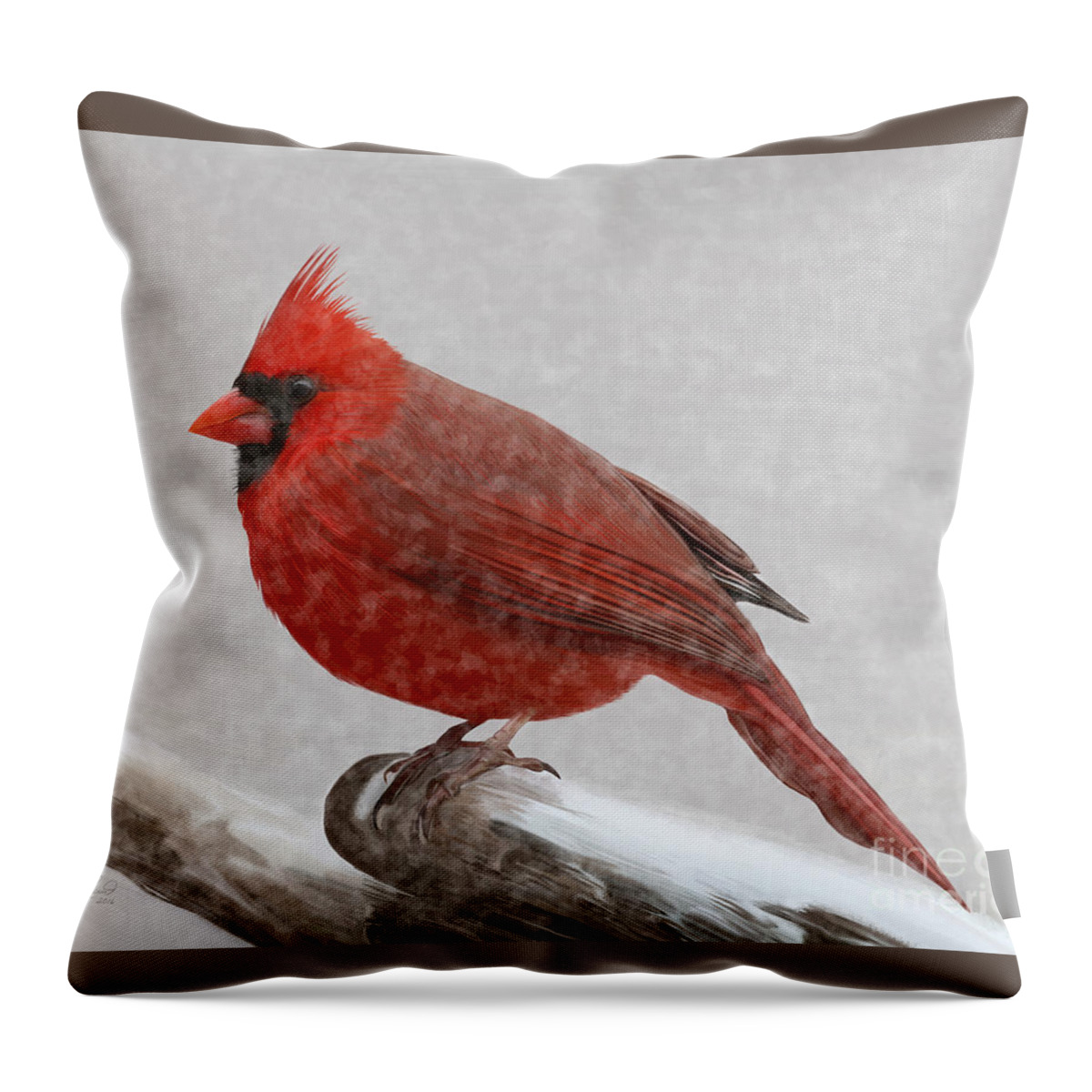 Cardinal Throw Pillow featuring the painting Male Cardinal in snow by Rand Herron