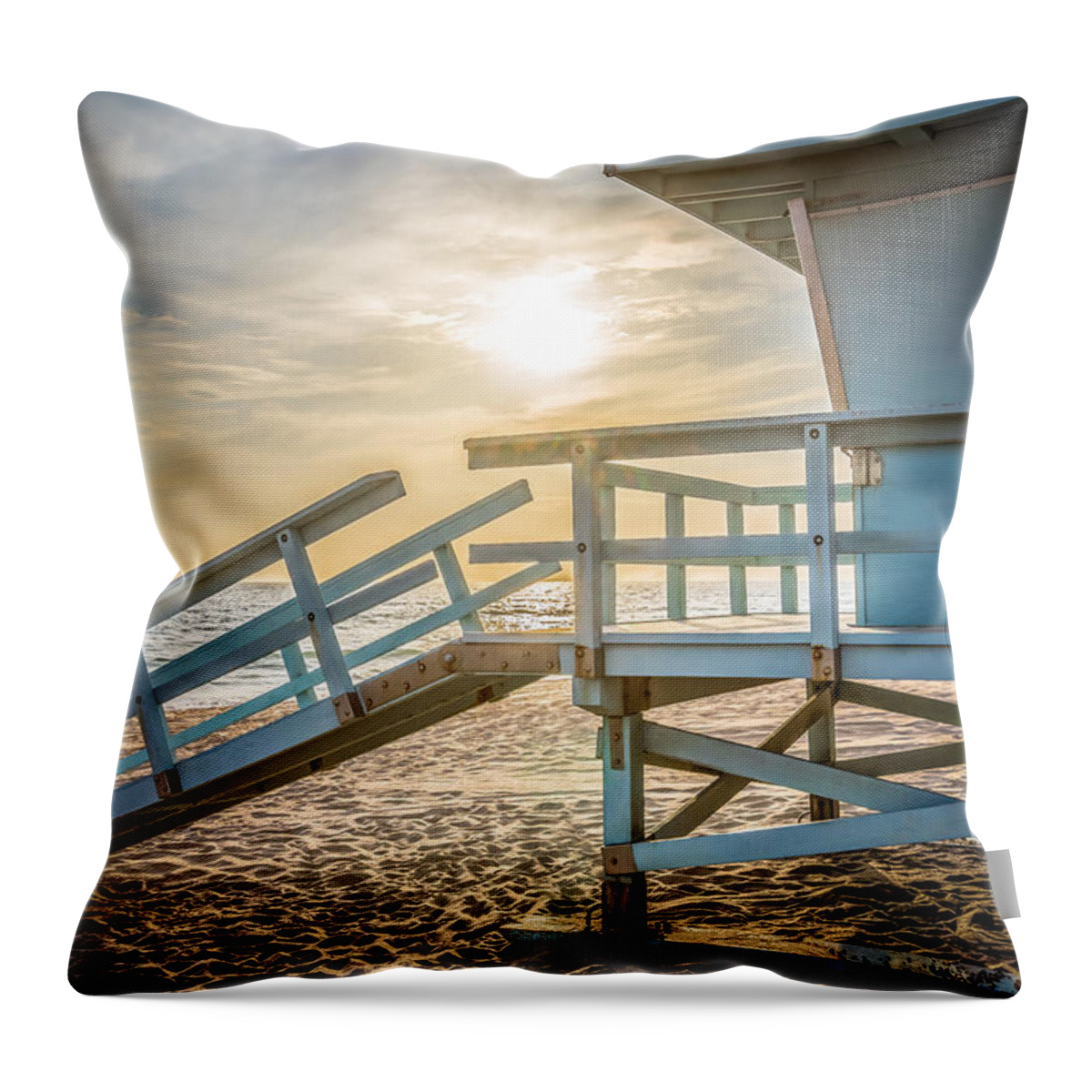 America Throw Pillow featuring the photograph Malibu Lifeguard Tower #3 Sunset on Zuma Beach by Paul Velgos
