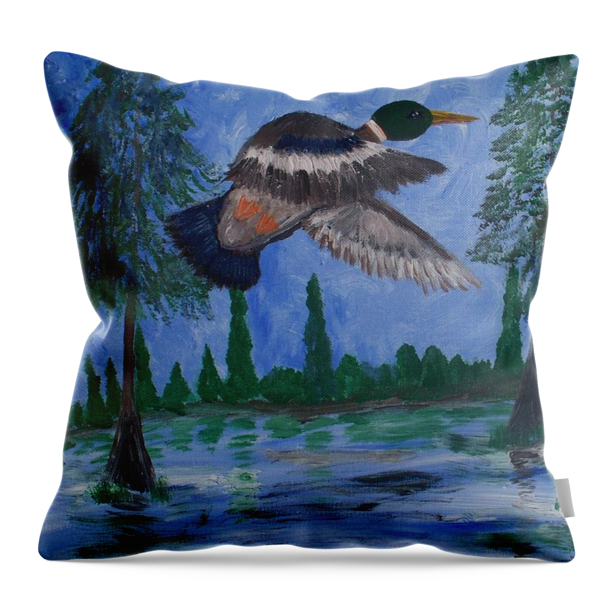 Mallard Over Swamp Throw Pillow featuring the painting Mallard Over Swamp by Seaux-N-Seau Soileau