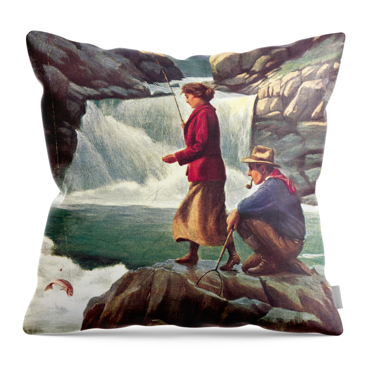 Phillip Goodwin Throw Pillow featuring the painting Man and Woman Fishing by JQ Licensing
