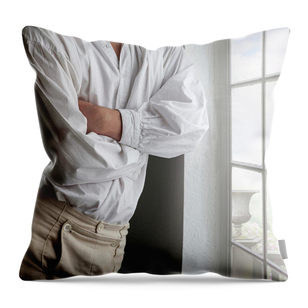Regency Throw Pillow featuring the photograph Man In Historical Shirt And Breeches by Lee Avison