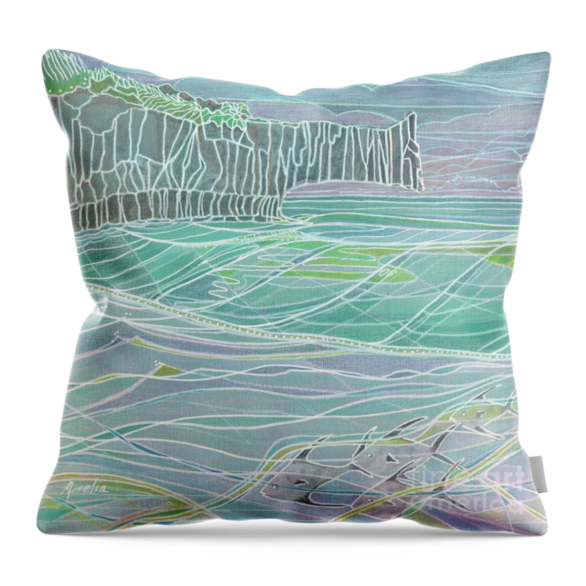 Ocean Throw Pillow featuring the painting Man-O-War Point by Amelia Stephenson at Ameliaworks