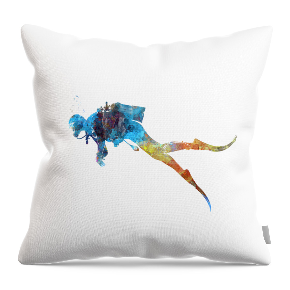 Scuba Throw Pillow featuring the painting Man scuba diver 01 in watercolor by Pablo Romero