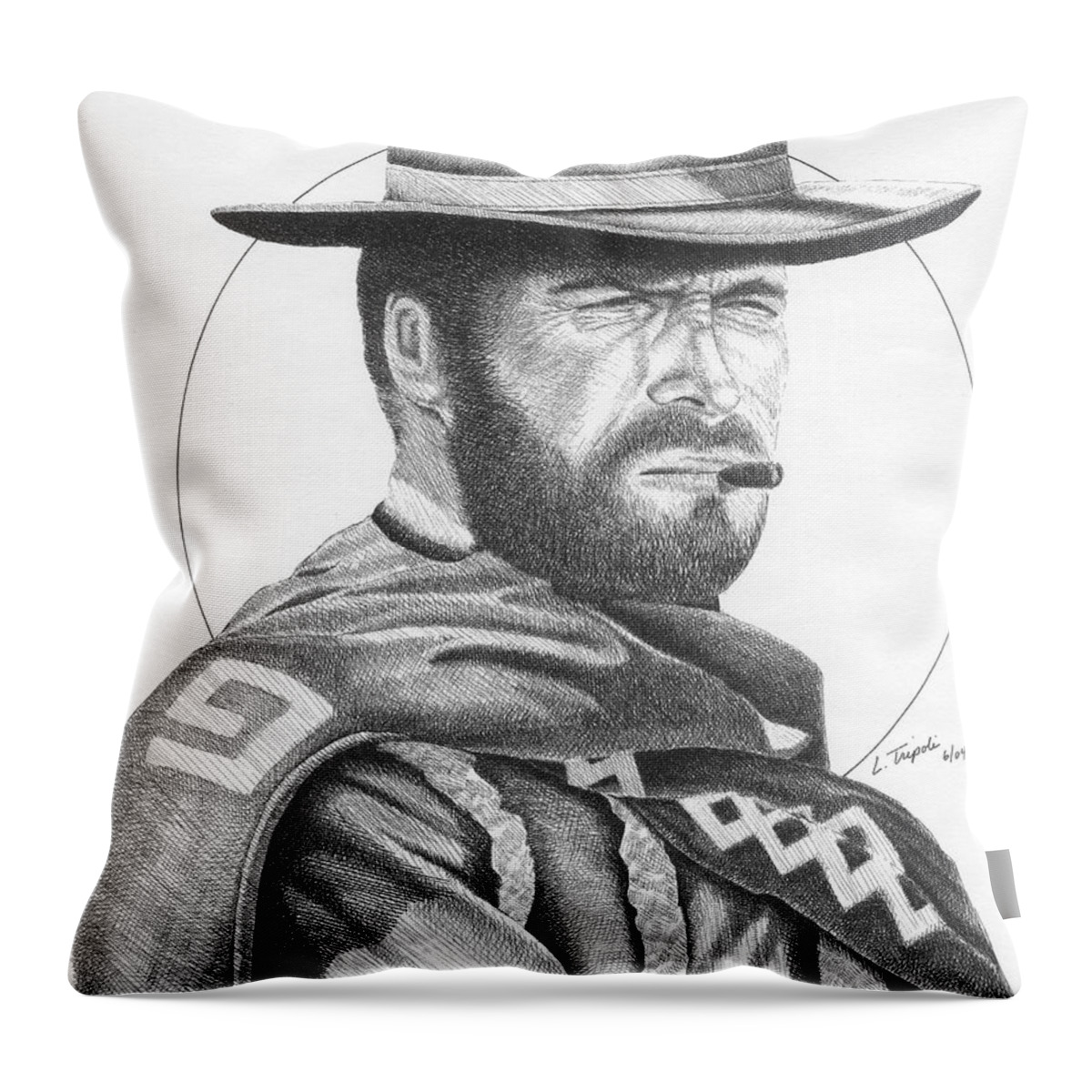 Western Throw Pillow featuring the drawing Man with No Name by Lawrence Tripoli