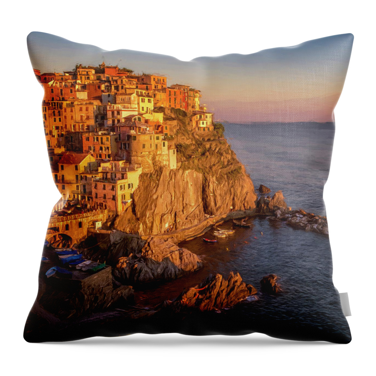 Cinque Terre Throw Pillow featuring the photograph Manarola Dusk Cinque Terre Italy Painterly by Joan Carroll