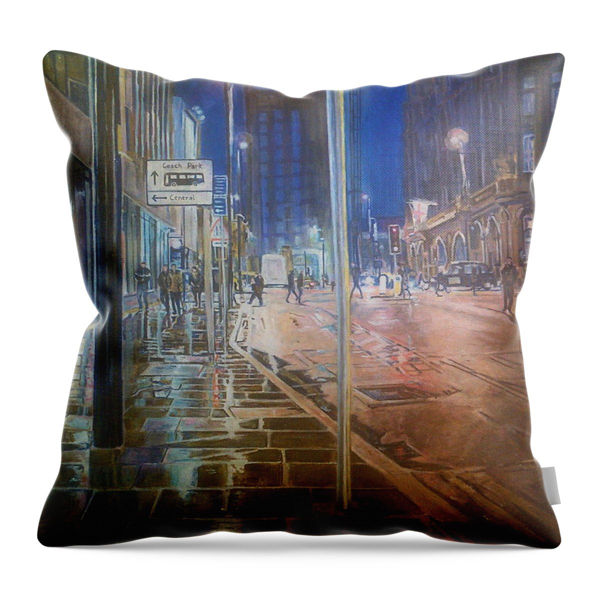 Manchester Night Wet Pavements Light Reflections Buildings People Throw Pillow featuring the painting Manchester At Night by Rosanne Gartner