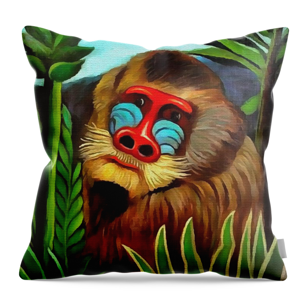 Henri Rousseau Throw Pillow featuring the painting Mandrill In The Jungle by Henri Rousseau