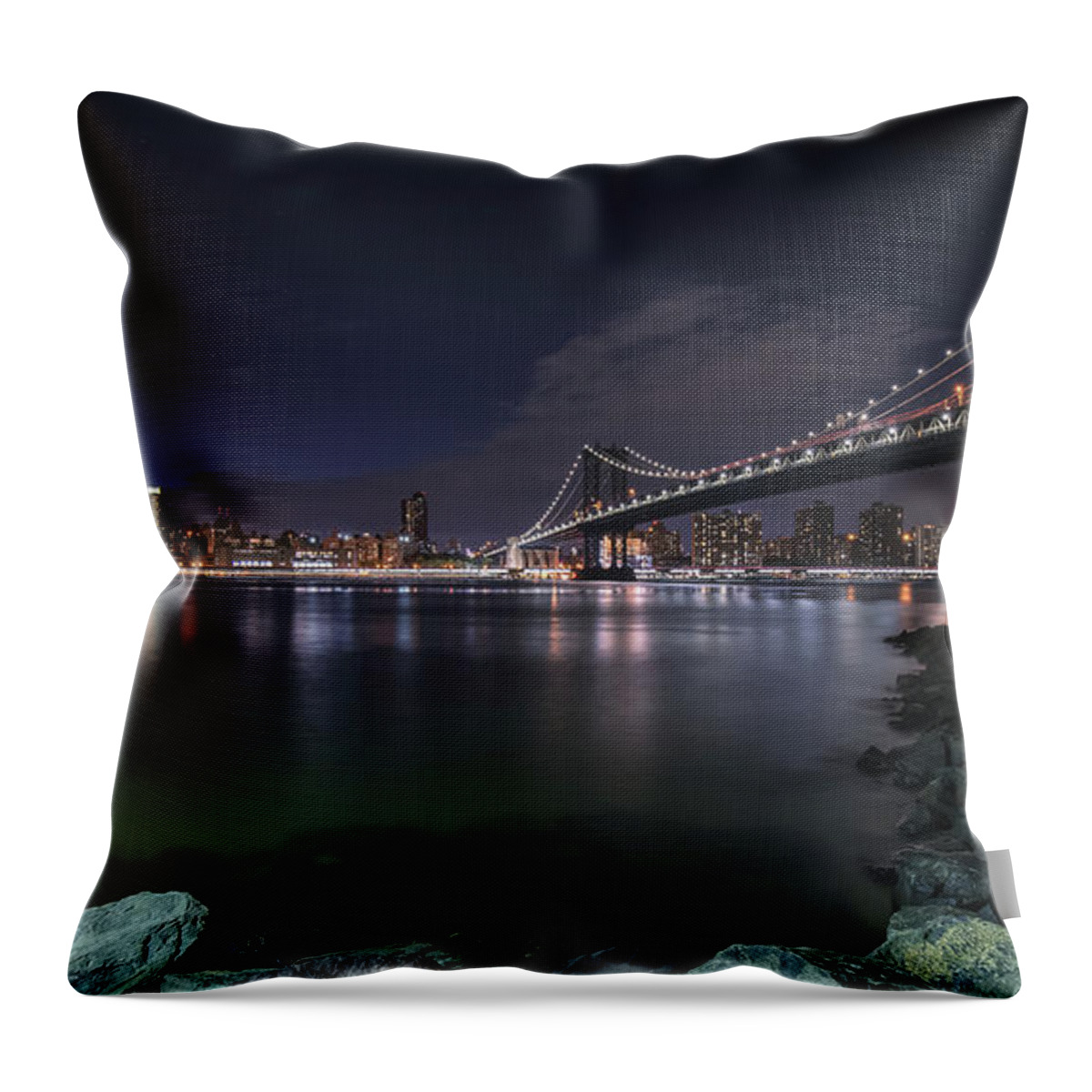 New York City Throw Pillow featuring the photograph Manhattan Bridge Twinkles at Night by Alissa Beth Photography