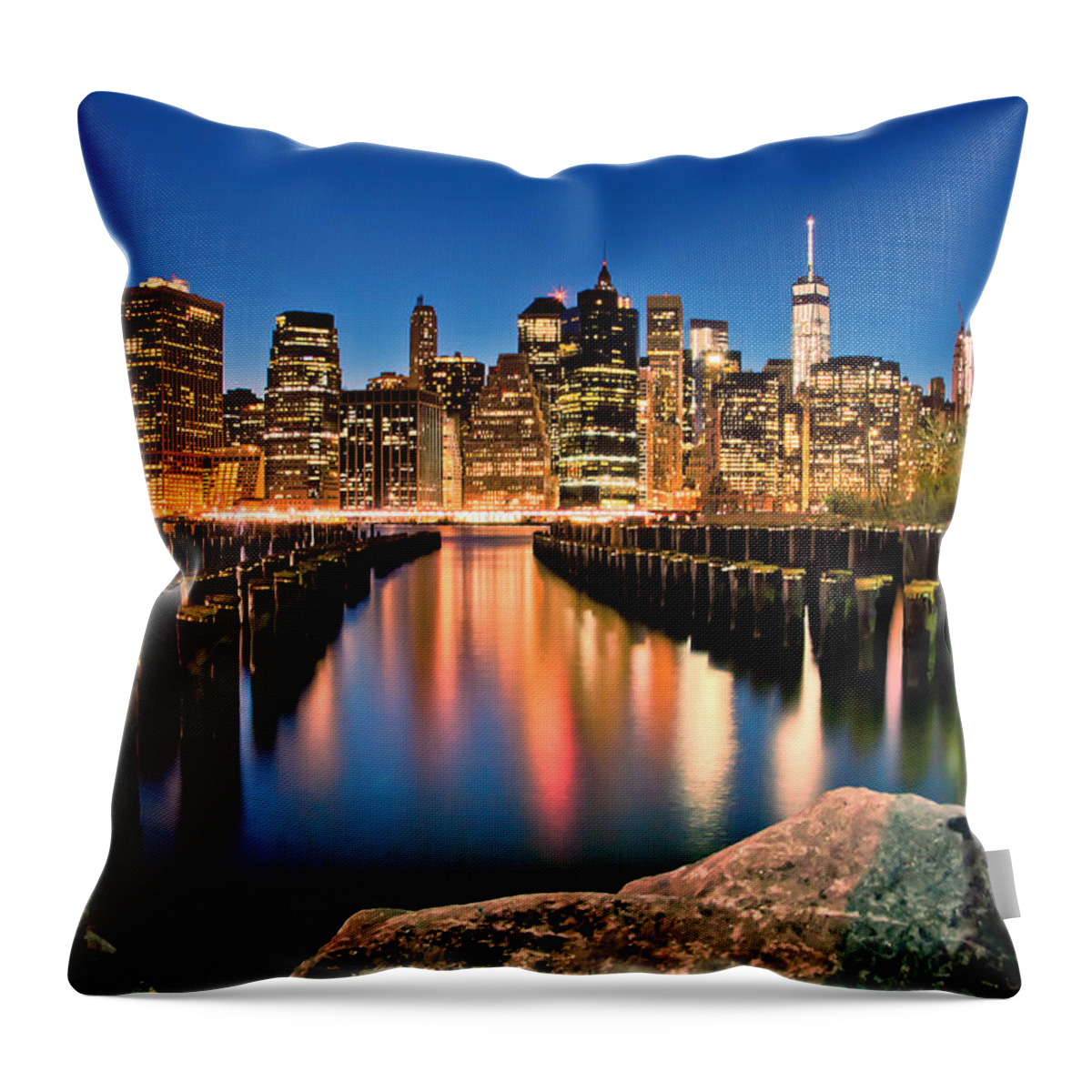 New York City Skyline Throw Pillow featuring the photograph Manhattan Skyline At Dusk by Az Jackson