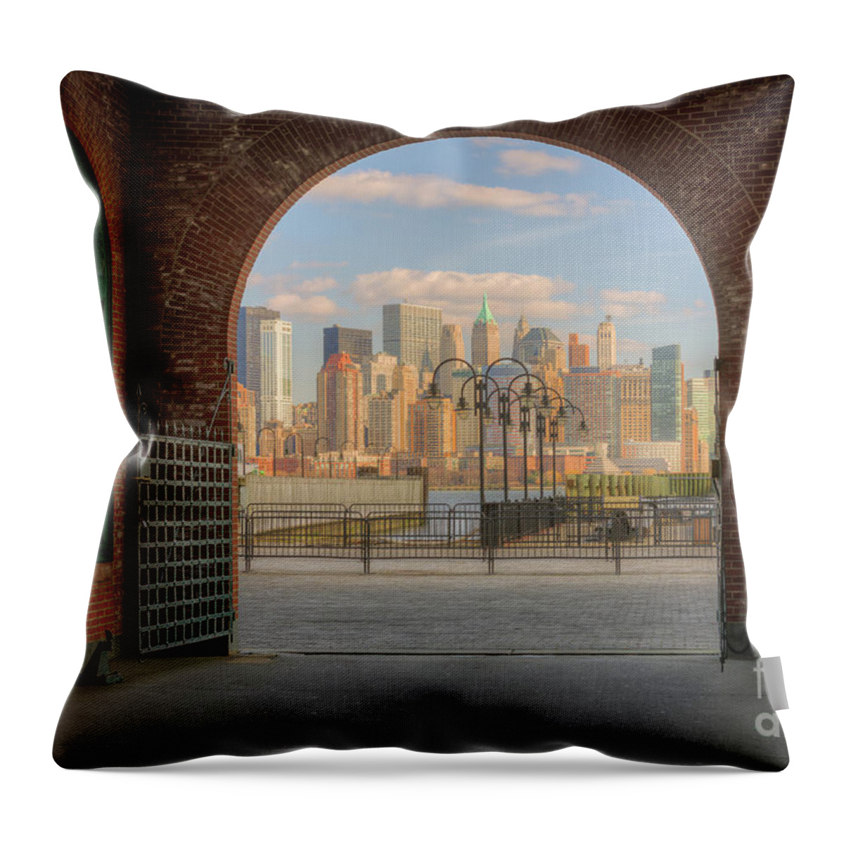 Clarence Holmes Throw Pillow featuring the photograph Manhattan Skyline from CRRNJ Terminal I by Clarence Holmes
