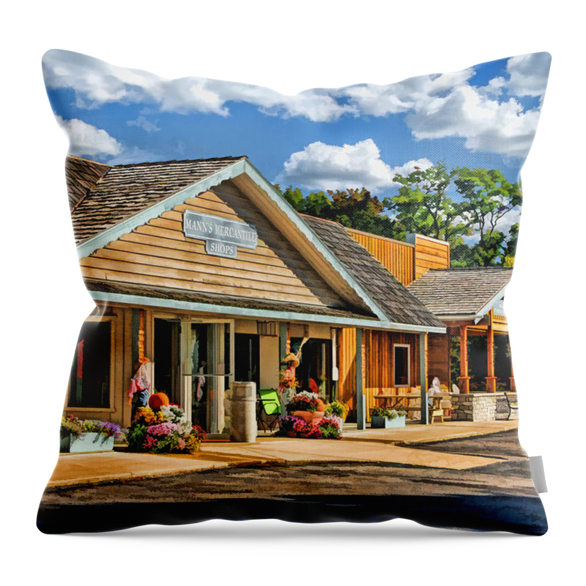 Door County Throw Pillow featuring the painting Mann's Mercantile Shops on Washington Island Door County by Christopher Arndt