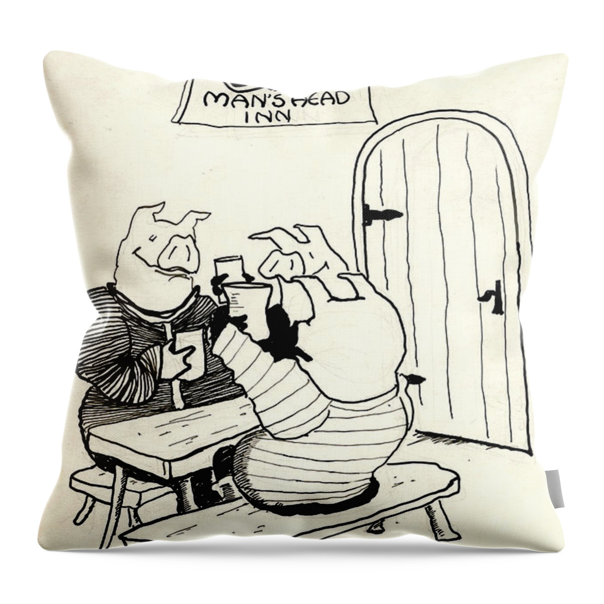 Pigs Throw Pillow featuring the drawing Mans Head Inn by James Christiansen