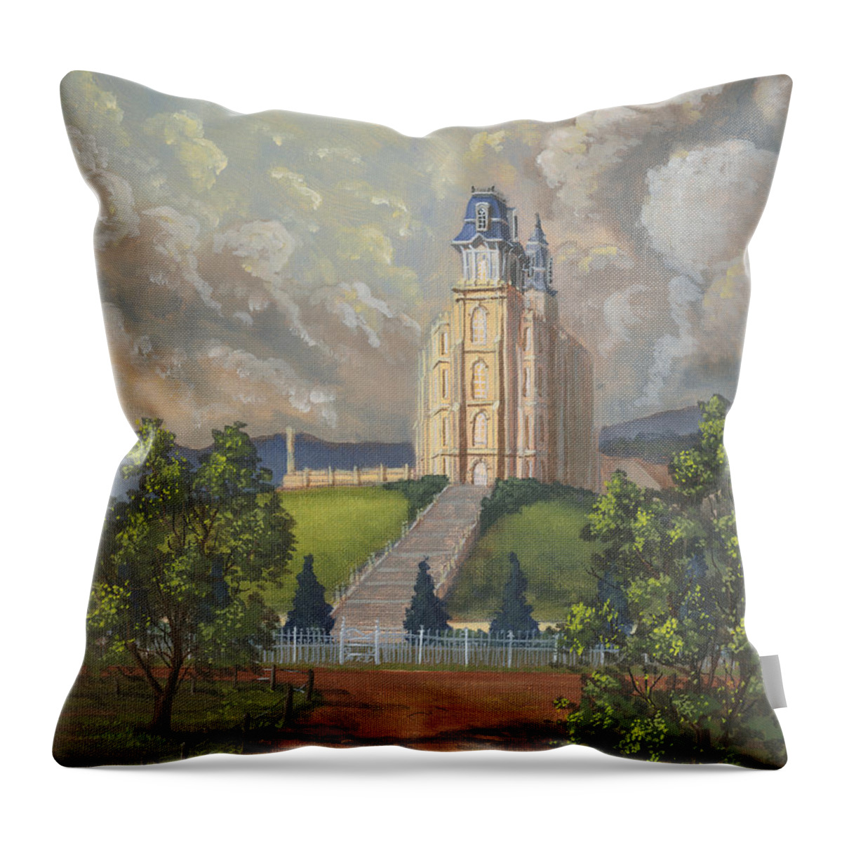 Manti Temple Throw Pillow featuring the painting Manti Summer by Jeff Brimley