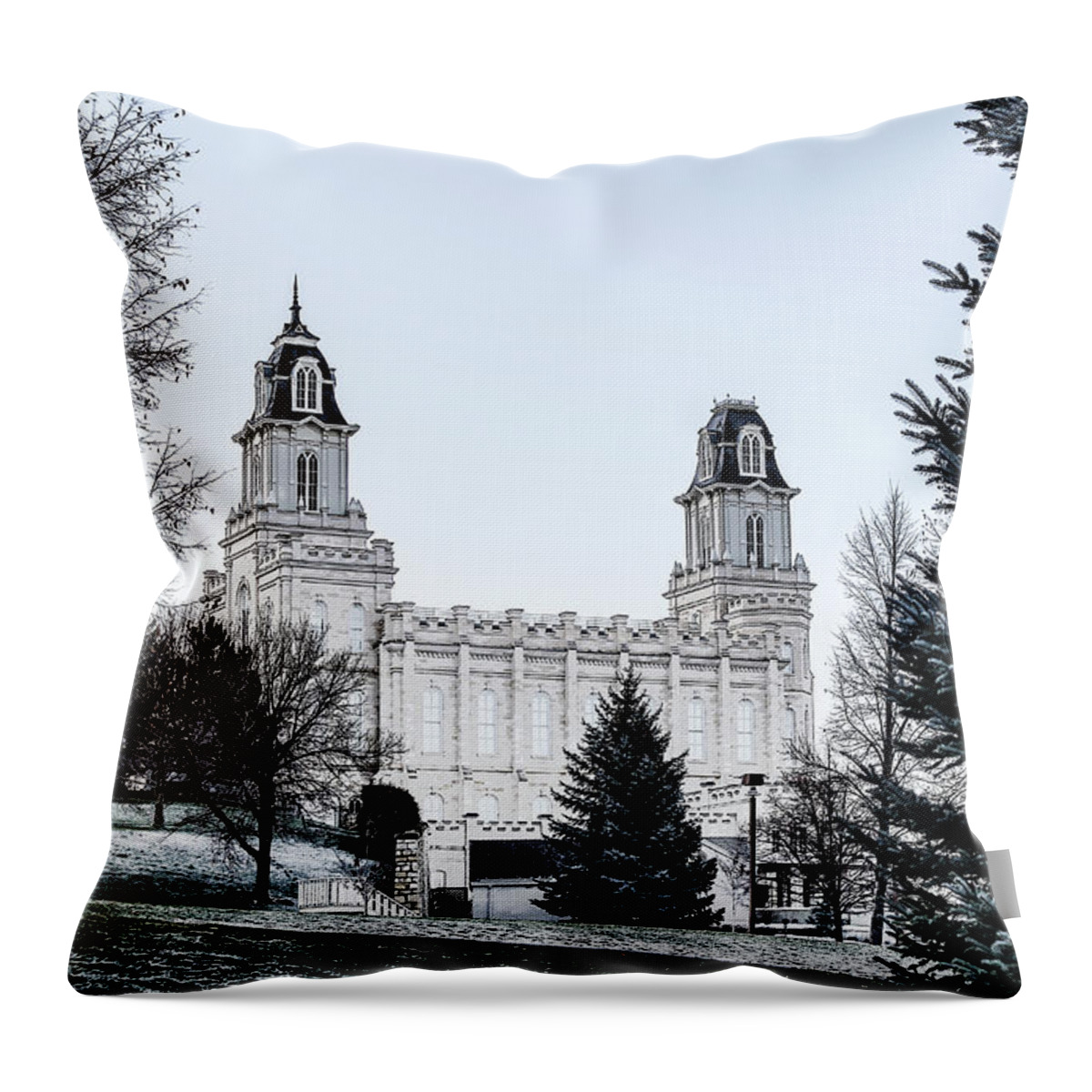Blue Sky Throw Pillow featuring the digital art Manti Temple on Thanksgiving Morning - Stylized by K Bradley Washburn