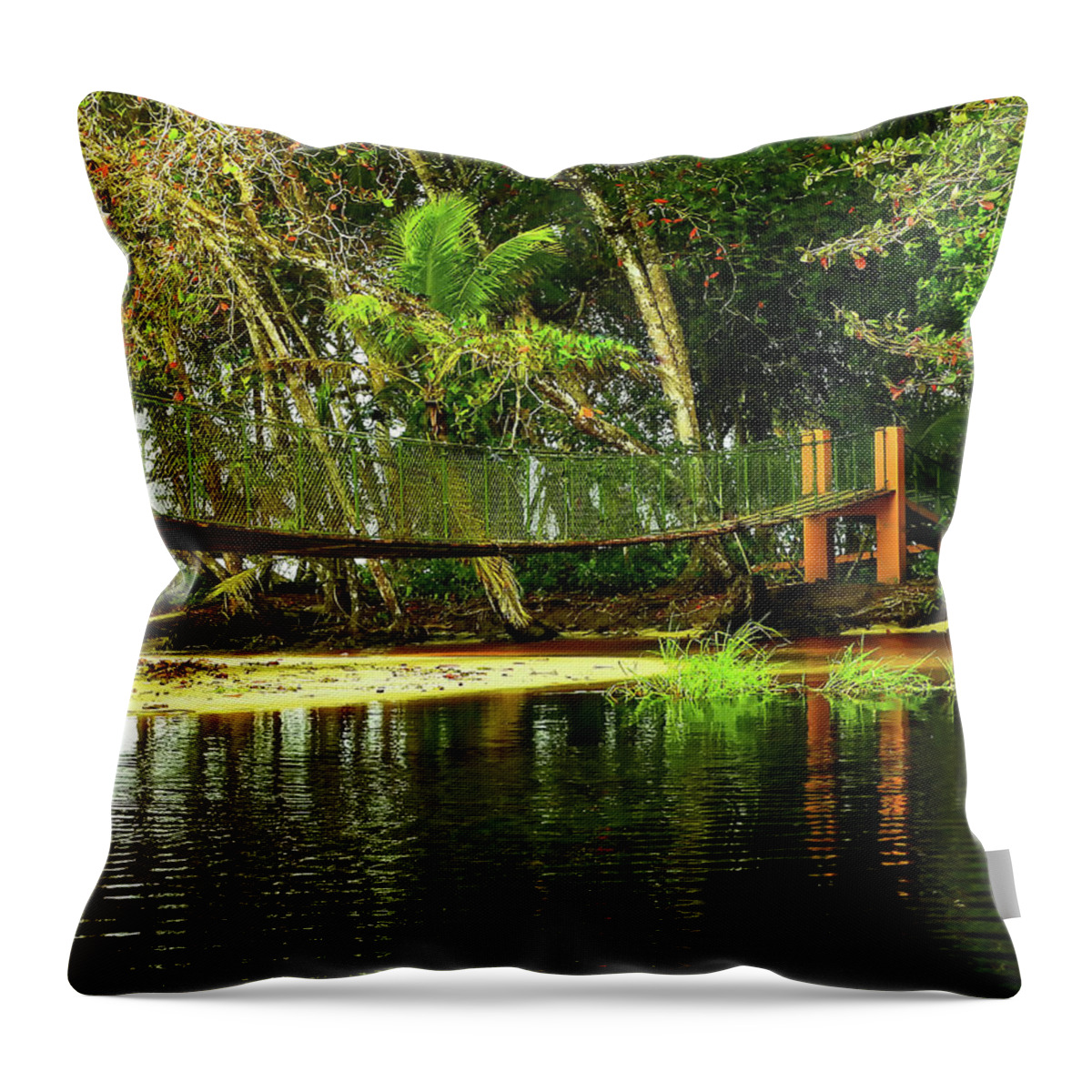 Manzanillo Costa Rica. Manzanillo Swinging Bridge Throw Pillow featuring the photograph Manzanillo Swinging Bridge by Norma Brandsberg