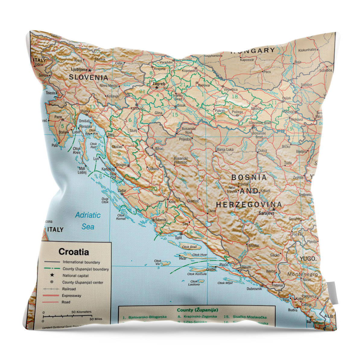 Atlas Throw Pillow featuring the mixed media Map of Croatia 2 by Roy Pedersen