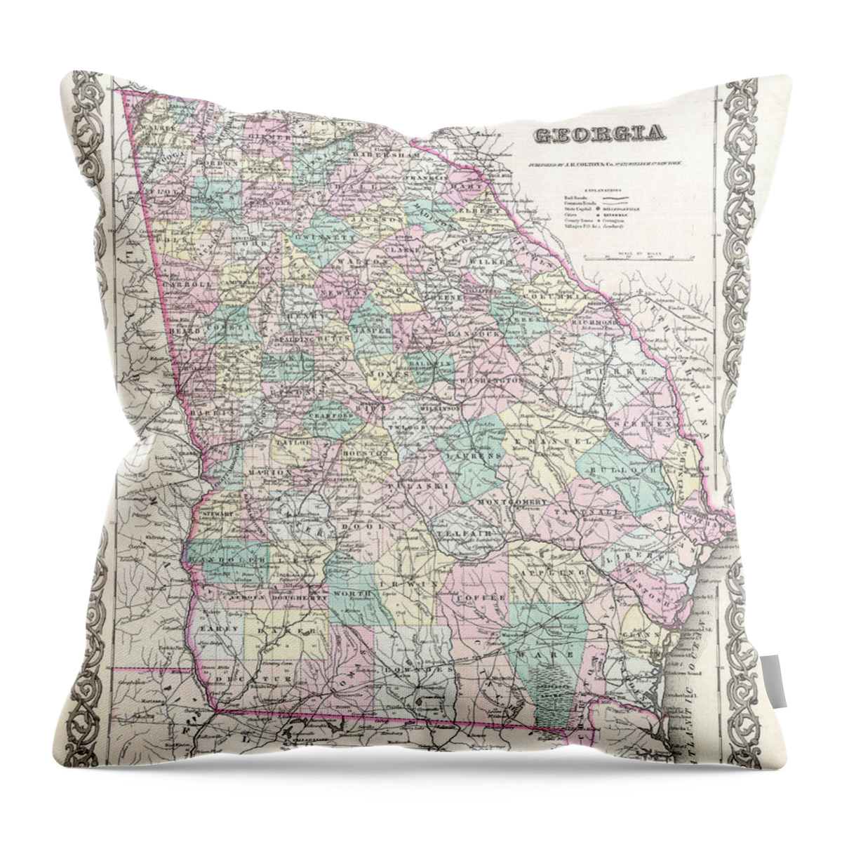 Joseph Hutchins Colton Throw Pillow featuring the drawing Map of Georgia by Joseph Hutchins Colton