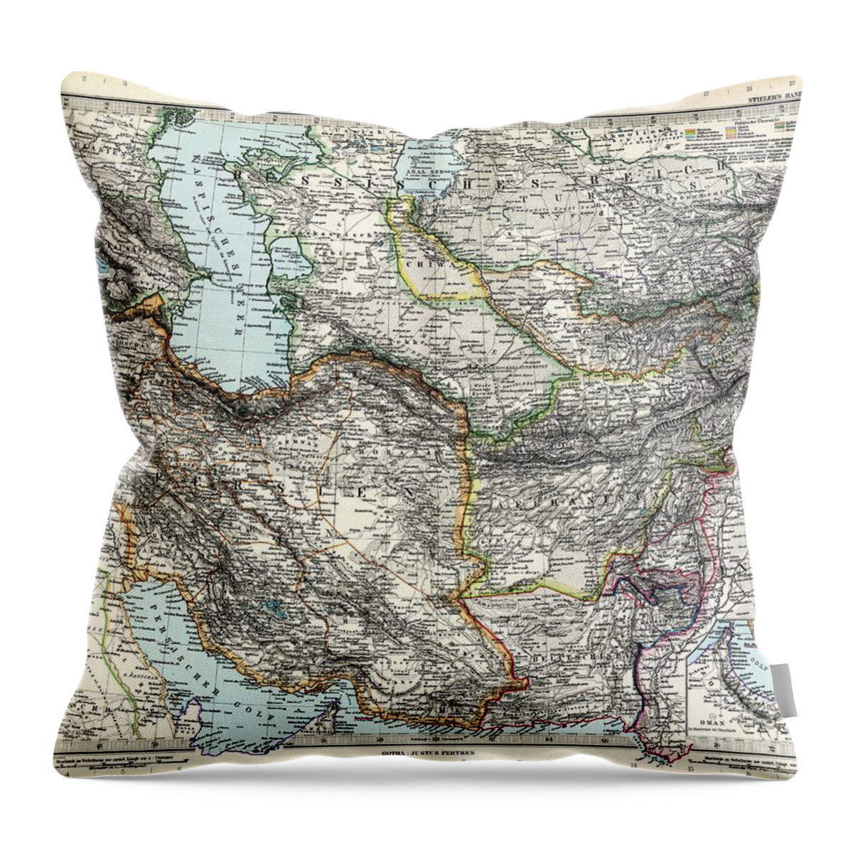 Map Of Iran And Turan In Qajar Dynasty Drawn By Adolf Stieler - 1891 Throw Pillow featuring the painting Map of Iran and Turan in Qajar dynasty drawn by Adolf Stieler by Celestial Images
