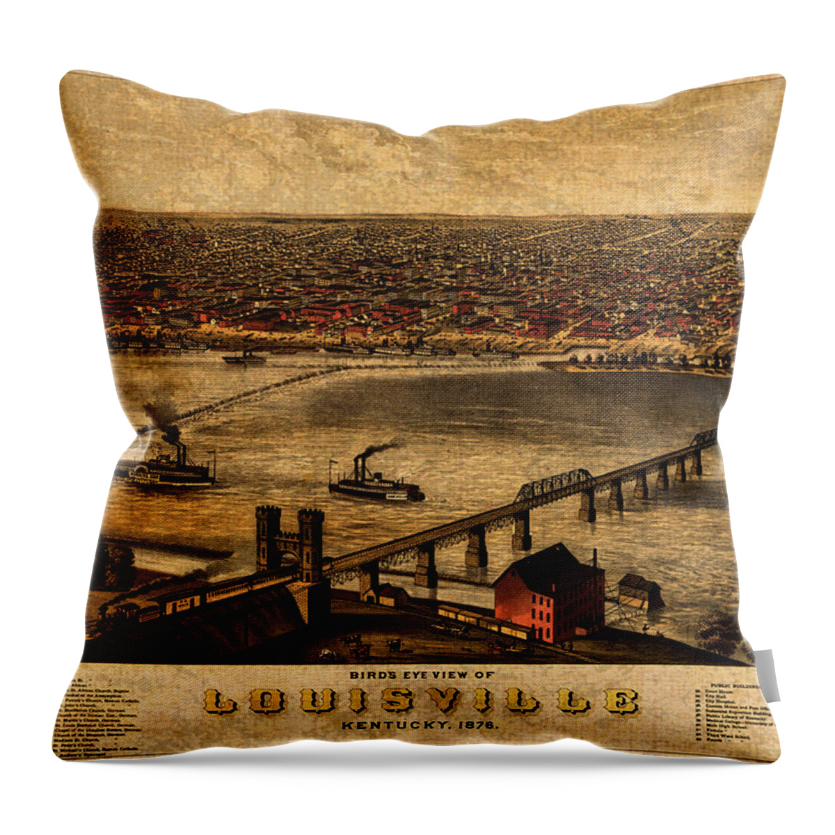 Map Of Louisville Throw Pillow featuring the mixed media Map of Louisville Kentucky Vintage Birds Eye View Aerial Schematic on Old Distressed Canvas by Design Turnpike